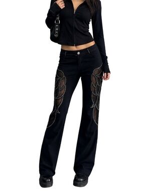 Platinum Plush Studded Embellished Mesh Cutout Wings Bootcut Pants XL Black NWT